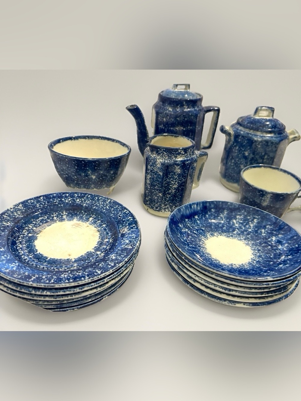Vintage English Staffordshire Sponge Spatter Decorated Ceramic Miniature Tea Set